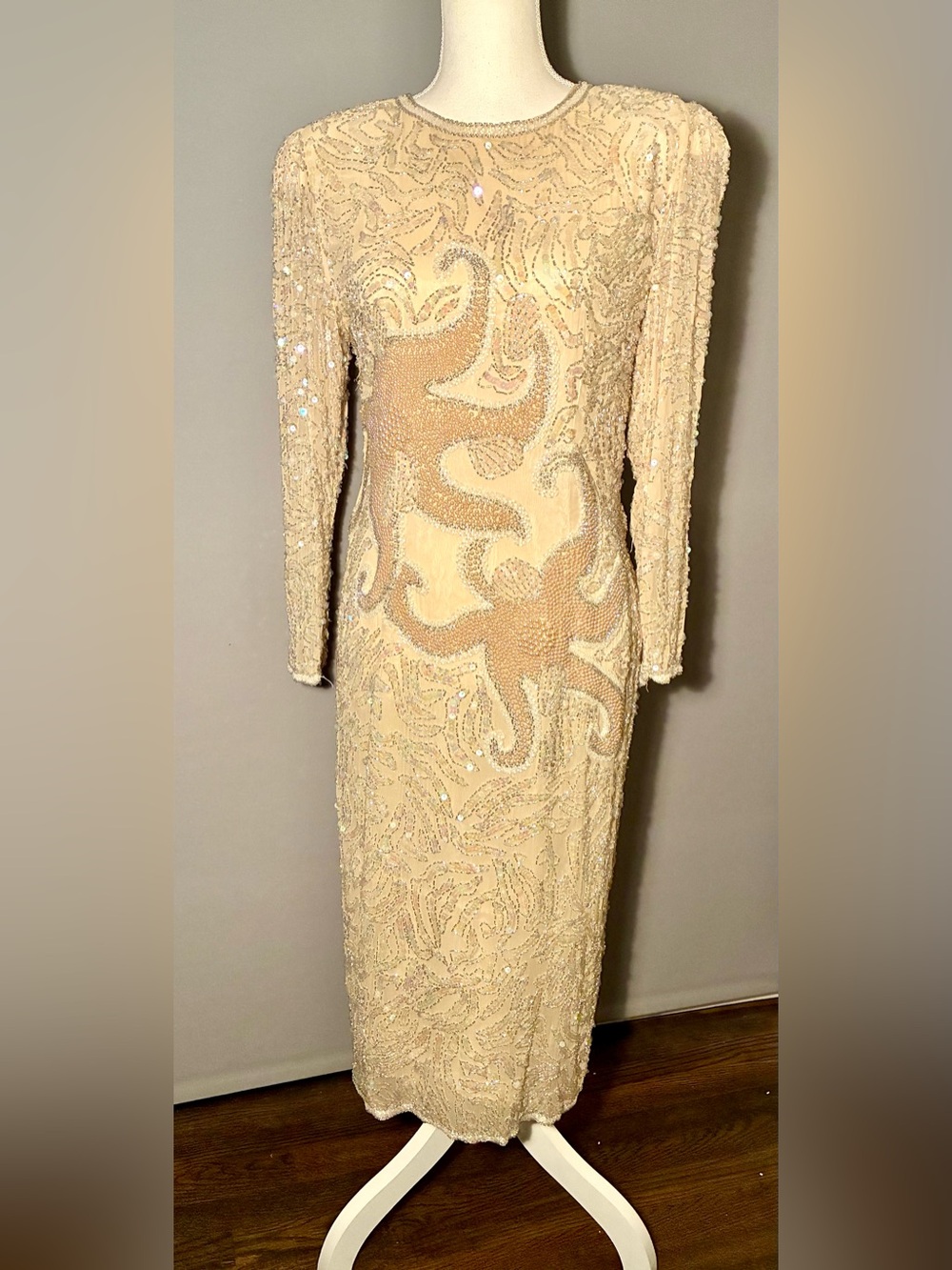 Oleg Cassini Champagne Beaded Long-Sleeve Evening Gown